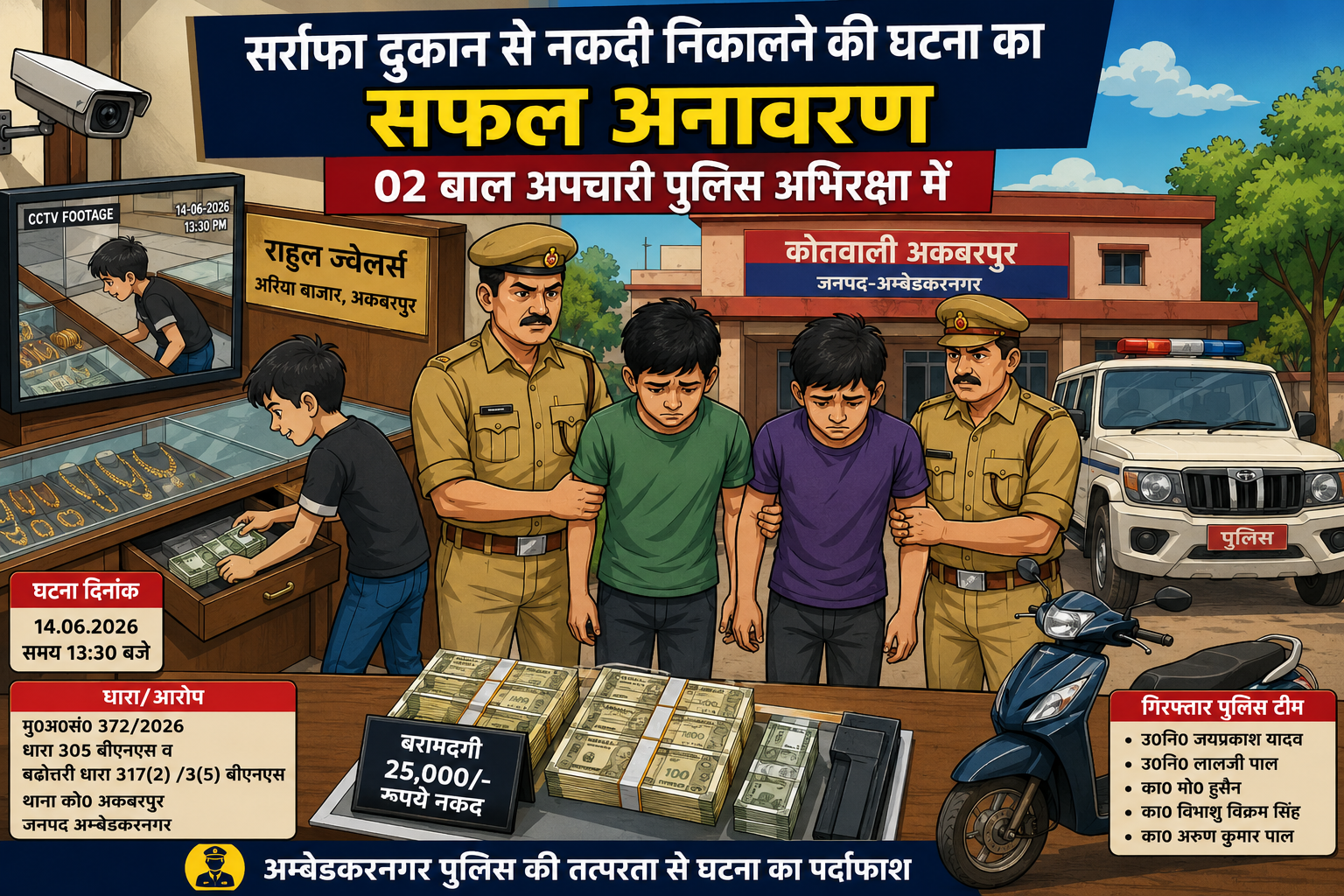 अरिया बाजार सर्राफा दुकान से नकदी निकालने की घटना का खुलासा, दो बाल अपचारी पुलिस अभिरक्षा में