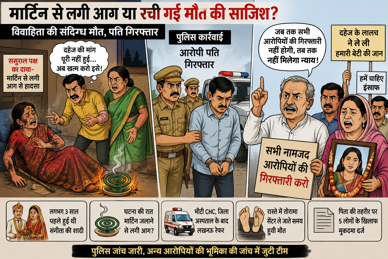मार्टिन से लगी आग या रची गई मौत की साजिश? विवाहिता की मौत के मामले में पति गिरफ्तार
