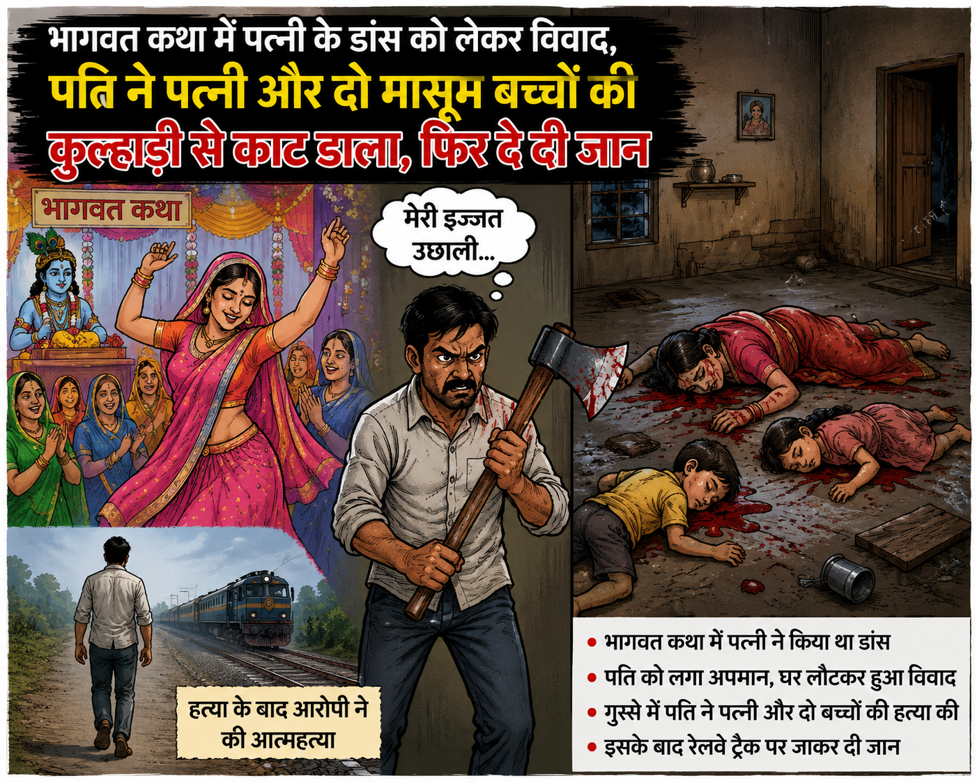 भागवत कथा में पत्नी के डांस को लेकर हुआ विवाद, गुस्साए पति ने पत्नी और दो मासूम बच्चों की हत्या कर खुद भी दी जान