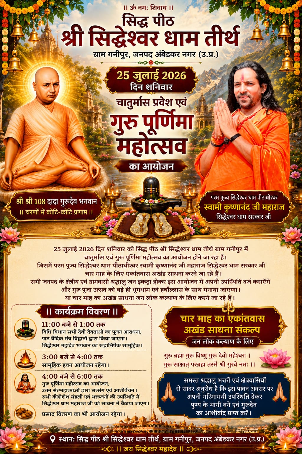 सिद्ध पीठ श्री सिद्धेश्वर धाम में 25 जुलाई को चातुर्मास एवं गुरु पूर्णिमा महोत्सव का भव्य आयोजन