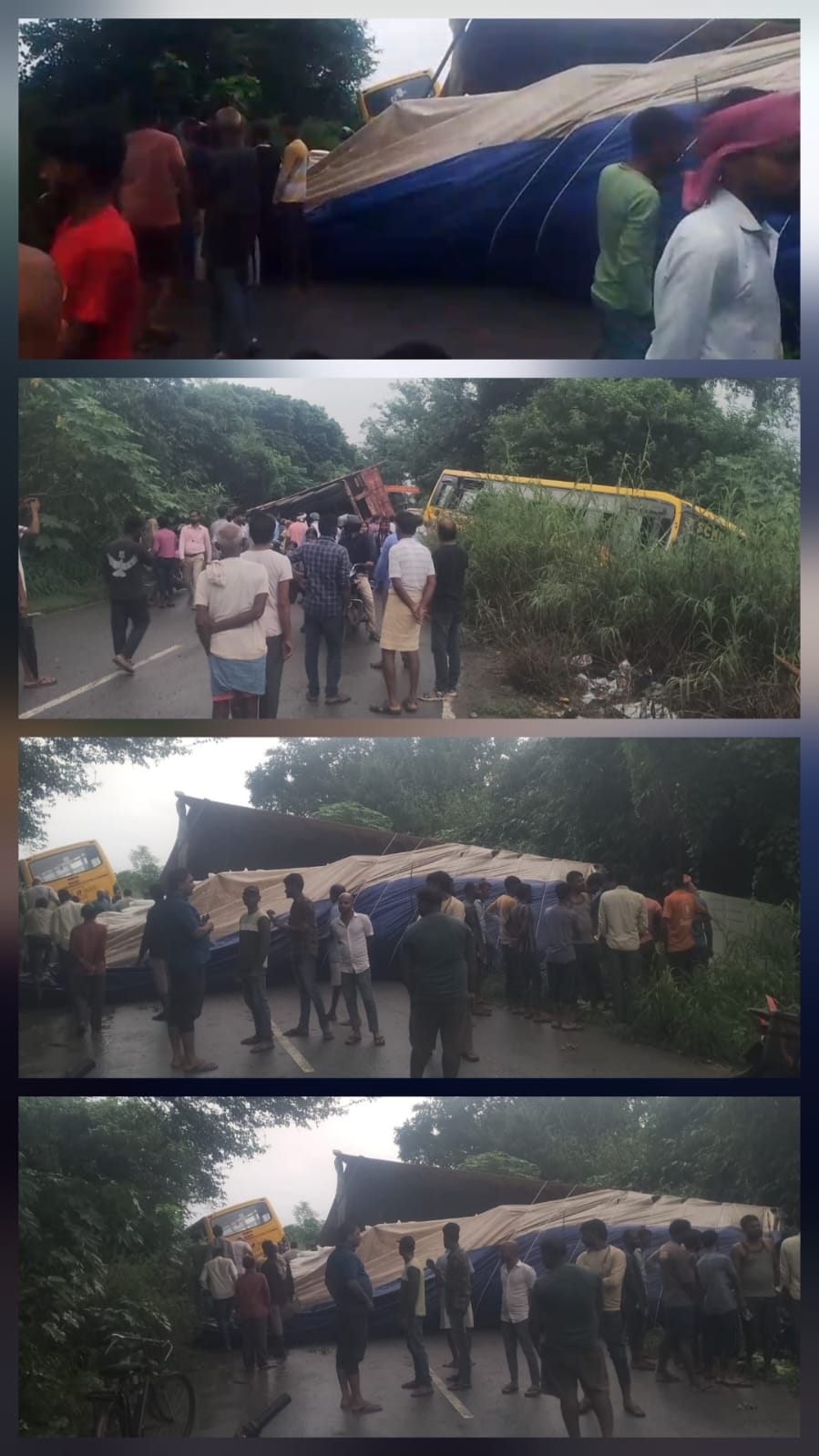 बाल-बाल बचे स्कूली बच्चे: चीनी लदा ट्रक पलटा, बस गड्ढे में गिरी; बारिश में सड़क सुरक्षा पर बड़ा सवाल