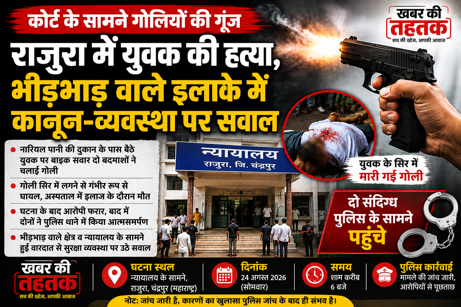कोर्ट के सामने गोलियों की गूंज: राजुरा में युवक की हत्या, भीड़भाड़ वाले इलाके में कानून-व्यवस्था पर सवाल