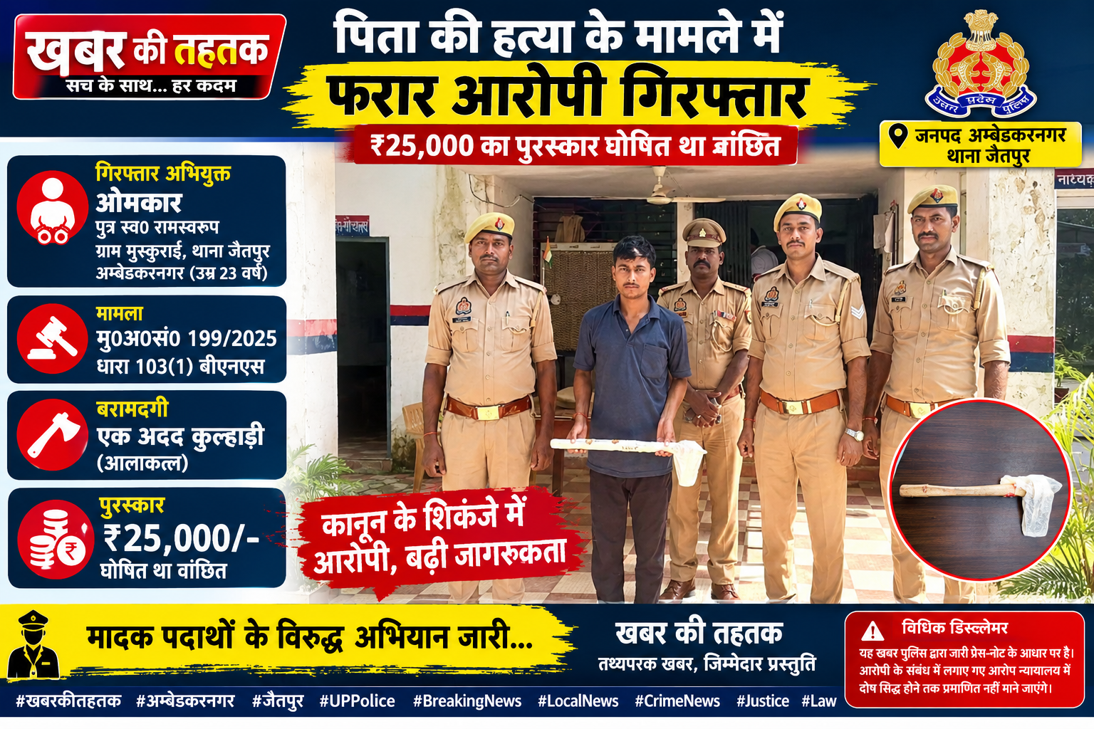 पिता की हत्या के मामले में करीब एक साल से फरार आरोपी गिरफ्तार, ₹25 हजार का था इनाम