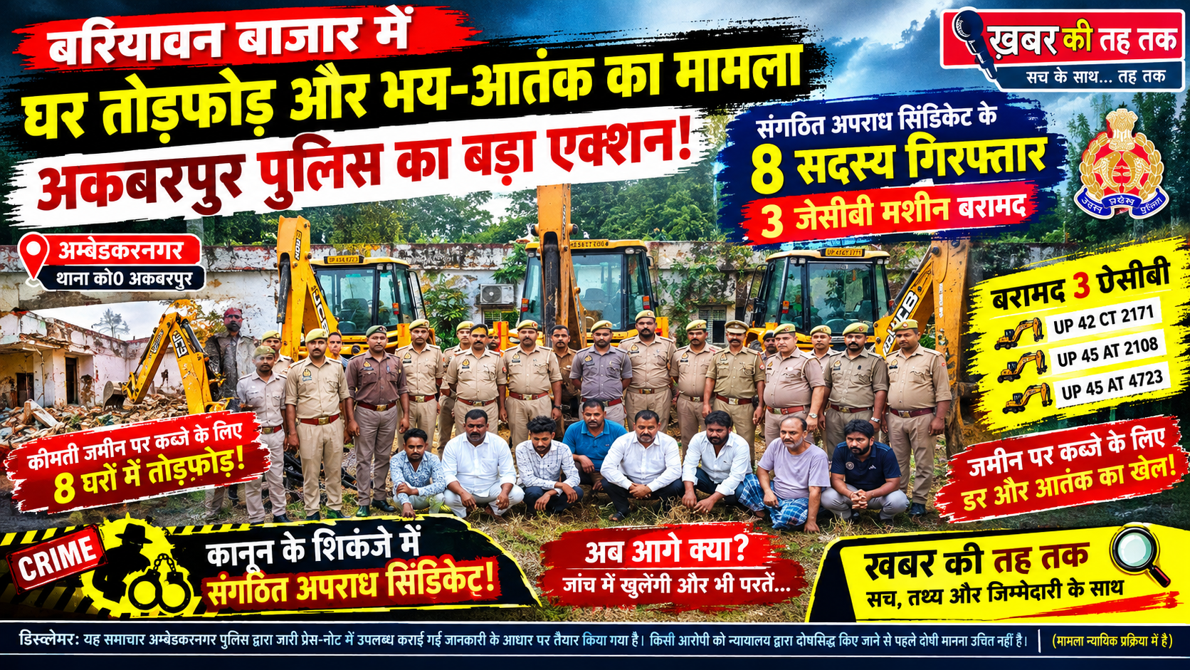 बरियावन में JCB से घर ढहाने का मामला: अकबरपुर पुलिस का बड़ा एक्शन, 8 आरोपी गिरफ्तार; 3 JCB बरामद