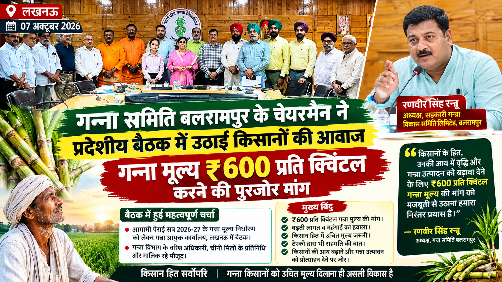 गन्ना समिति बलरामपुर के चेयरमैन ने प्रदेशीय बैठक में उठाई किसानों की आवाज
